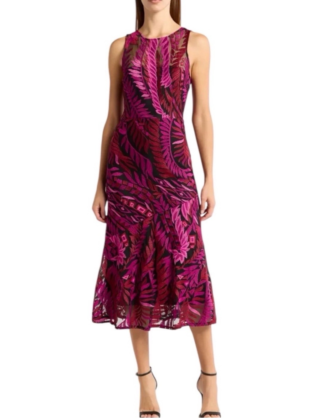 Sam Edelman Fuchsia and Magenta Leaf-Print Midi Dress Size 12